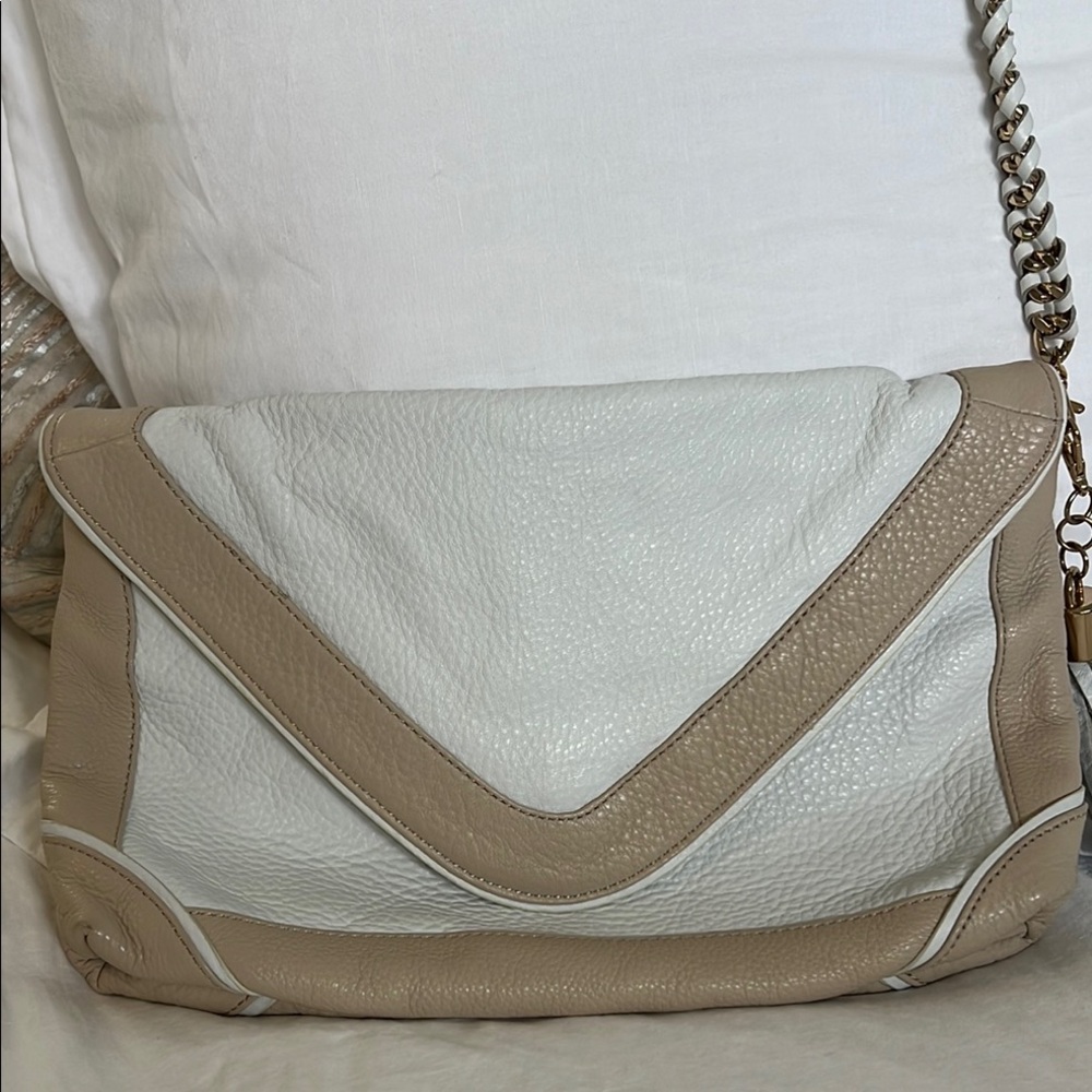 Elegant White and Tan Women's Bag with gold chain